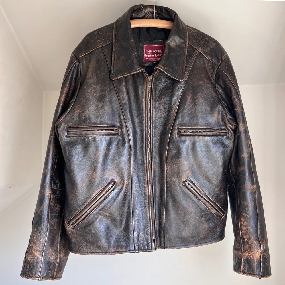 Vintage Leather Jacket Brown Distressed Biker Full Zip Worn Faded 90s Coat XL